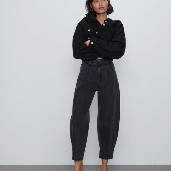 Zara Denim - Zara Paperbag Waist High Rise Tapered Balloon Leg Cropped Jeans